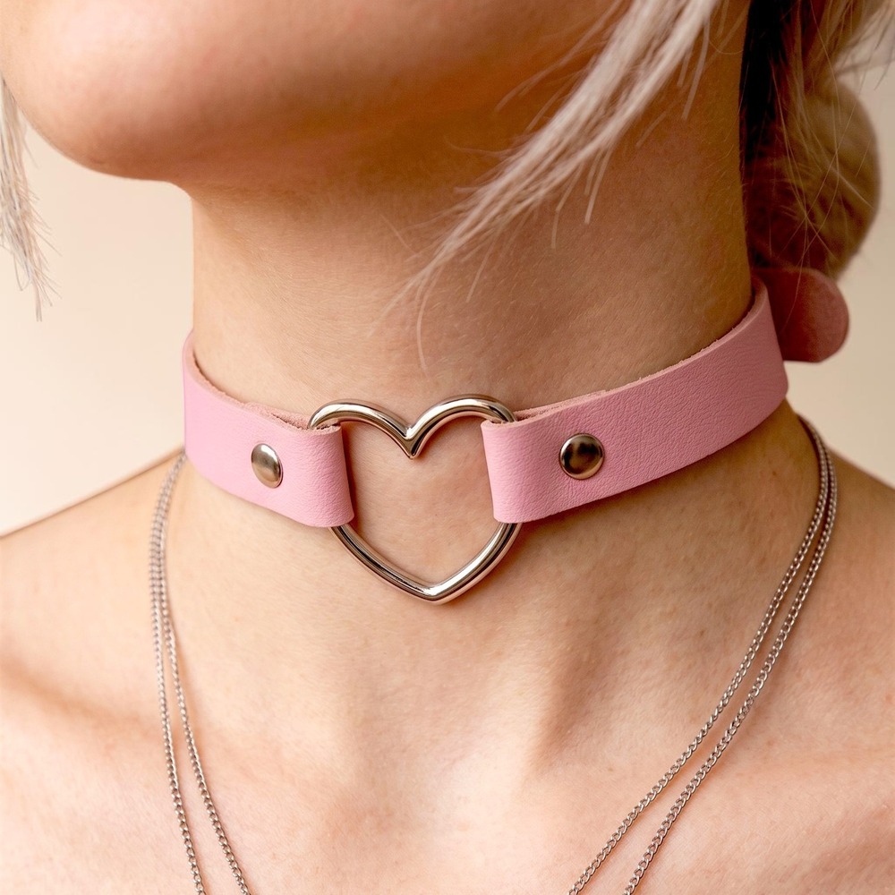 New‎ Pink Vegan Leather Silver Heart Ring Kawaii Adjustable Choker Collar
